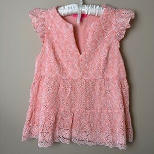 Lilly Pulitzer Keila Top Womens 4 Peach Hyacinth Floral Arch Eyelet Shirt Blouse